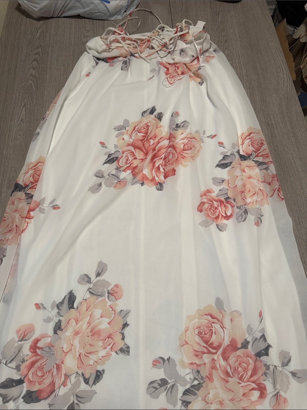 Lovely Day White Maxi Skirt with Pink Rose Print